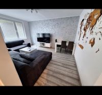 Living room of a 3-room apartment with a comfortable sofa and a wooden decor floor.
