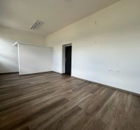 Offices with wood-patterned flooring, light-colored walls, simple design.