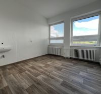 Offices with wood-patterned flooring, light walls, and large windows.