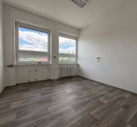 Offices with large windows, white walls, and wood-patterned flooring.