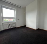 Offices with a dark floor and a window, white walls, radiator in the room.