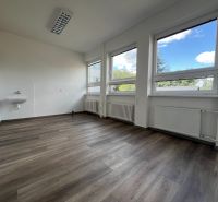 Offices with wood-patterned flooring and large windows.