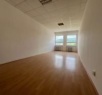 A spacious office with white walls and a wooden decor floor.