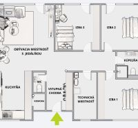Floor plan of a family house with three rooms, a kitchen, and a living area in Nitra.