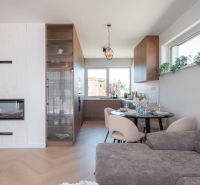 Family house with a fireplace, sofa, dining table, and wooden decor flooring.