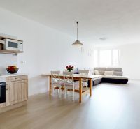 A bright living room with a kitchen and a wooden decor floor in a two-room apartment.