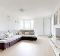 Bright living room with a corner sofa, television, and wooden decor flooring.