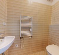 A bathroom with medium-toned tiles, a sink, and a ladder radiator in a 2-room apartment.