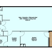 Layout of a 2-room apartment with a hall, kitchen, and living room with an area of 42.55 m².