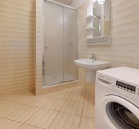 Bathroom with a shower and a washing machine in a 2-room apartment, light tiles and sanitary ware.