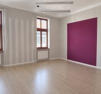 Offices with wood-patterned flooring and a purple wall, large windows, clean lines.