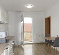 A kitchen in a 2-room apartment with a wooden decor floor and seating for two.
