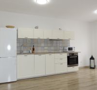 A kitchen in a 2-room apartment with a white kitchen unit and a floor with a wood decor.