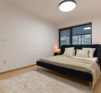 A bedroom with wood-patterned flooring, a large bed, and nightstands.