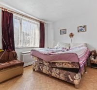 A bedroom in a family house with a sofa and a bed on the floor with wooden decor.