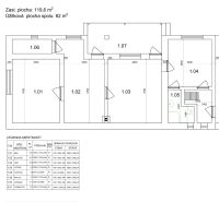 Floor plan of a family house with rooms, includes technical data and areas, floors with wood decor.