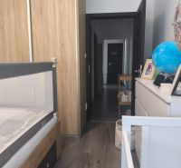 Children's room in a 3-room apartment with a wooden decor floor, wardrobe, and chest of drawers with decorations.