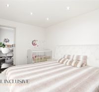 A bedroom in a family house with a bed, a baby crib, and a work corner.
