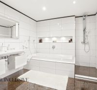 Modern bathroom with a bathtub, shower, and wood-patterned flooring in a family house.
