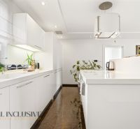 A kitchen in a family house with white cabinets and plants on the floor with decor.