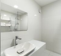 A minimalist bathroom in a 4-room apartment with a modern sink and shower.