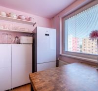 A kitchen in a 4-room apartment with pink walls, a wooden decor floor, and shelves.