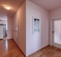 A hallway with light walls and a wooden decor floor in a 4-room apartment.