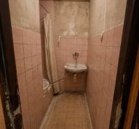 Bathroom in a studio apartment with old tiles and a narrow space for a shower.