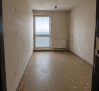 Empty room in a studio apartment with flooring and a simple light.