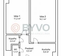 Layout of a two-room apartment with two rooms, a hallway, a kitchen, a bathroom, and a toilet.