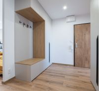 Entrance hallway in a 3-room apartment with wood-patterned flooring and storage space.