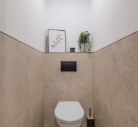 A toilet with a decorative plant and a painting, located in a 3-room apartment.
