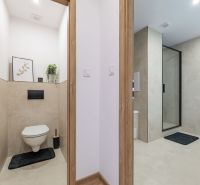 A bathroom with a modern shower and a separate toilet in a 3-room apartment.