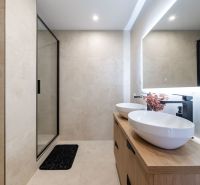 A bathroom in a 3-room apartment with two sinks, a shower, and a large mirror.