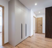 A hallway in a 3-room apartment with a wooden decor floor and a built-in wardrobe.