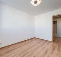 A room in a 3-room apartment with a wood-decor floor and a built-in wardrobe.