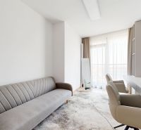 Bright room in a 4-room apartment with a sofa, desk, and chairs.