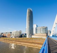 A high-rise building by the river in Bratislava, Old Town, Pribinova Street.