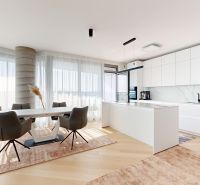 A bright kitchen in a 4-room apartment with a wooden decor floor, a table, and modern chairs.