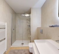 A bathroom in a 4-room apartment with a frameless shower enclosure and a lighted mirror.