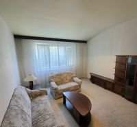 Living room in a 3-room apartment with a sofa, an armchair, and dark furniture.