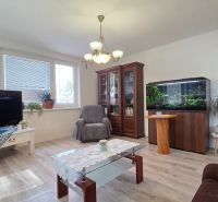 Living room in a family house with an aquarium, television, and wooden decor flooring.