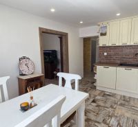 A family house kitchen with a wooden decor floor and brick cladding.