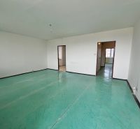 A spacious room of a 3-room apartment with white walls and a green floor.