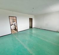 Empty room with a door to the kitchen, 3-room apartment. Green floor without decor.