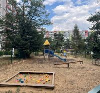 A children's playground with climbing frames and a sandbox near a 3-room apartment on Družicová Street.