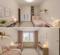 Children's room in a 3-room apartment with pastel accessories and a wooden decor floor.