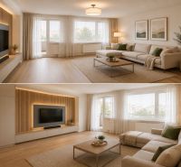 Living room in a 3-room apartment with a wooden decor floor and a comfortable sofa.