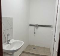 A toilet with a shower and a sink in warehouses and halls on the tiles.