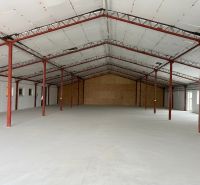 Warehouses and halls with iron beams, concrete floors, and wooden walls.